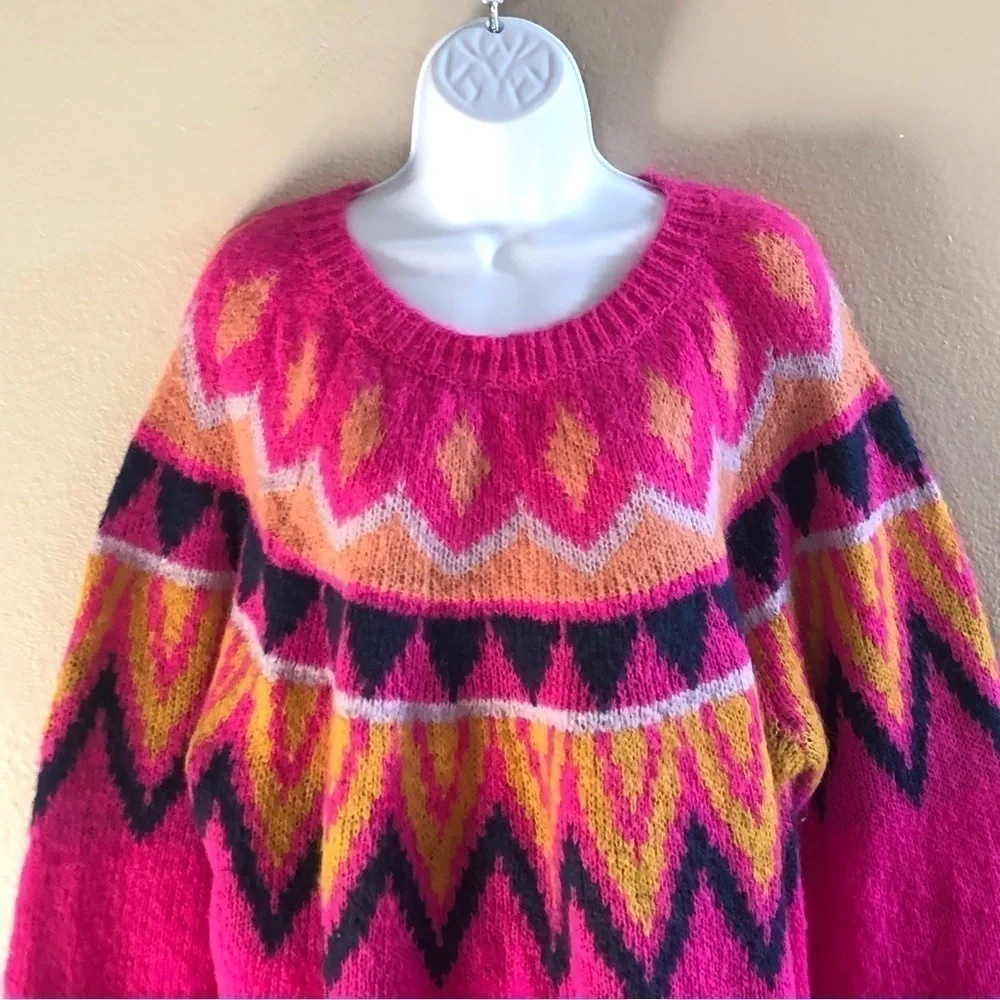 A New Day Barbiecore Fair Isle Crew Neck Fuzzy Pullover Sweater Knit Plus Sz 2XL